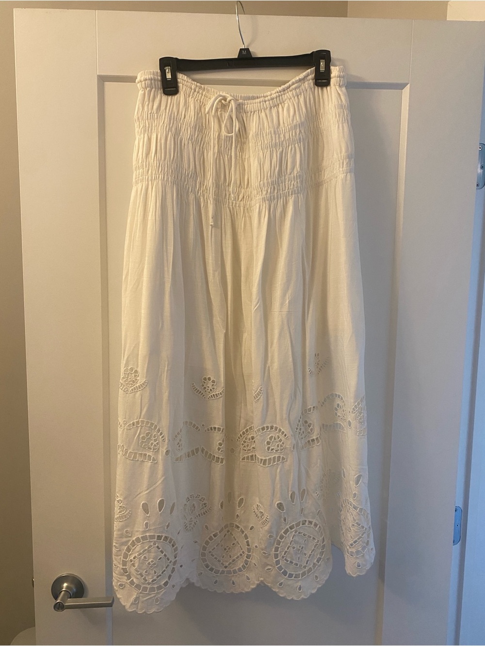 Boho White Eyelet Maxi Skirt with Smocked Waist